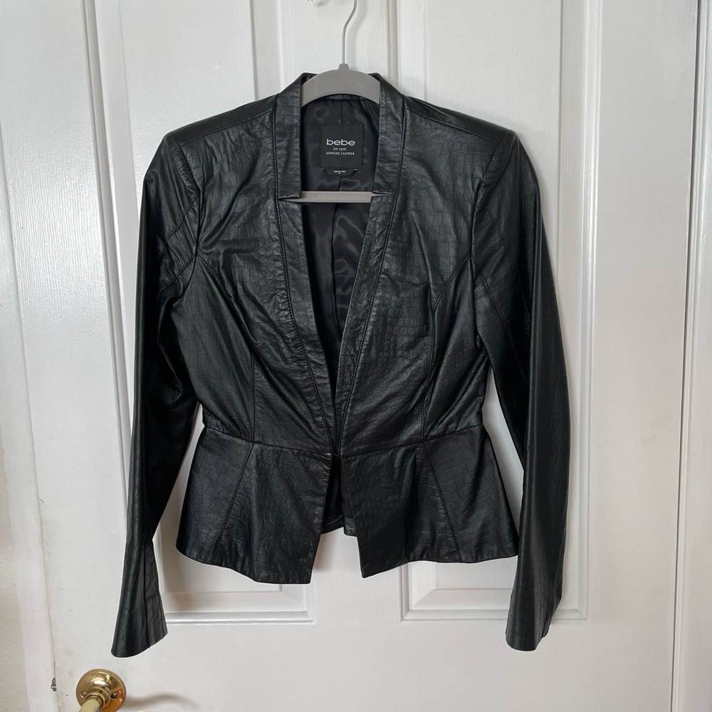 New Bebe Women's peplum black  genuine leather blazer jacket XS